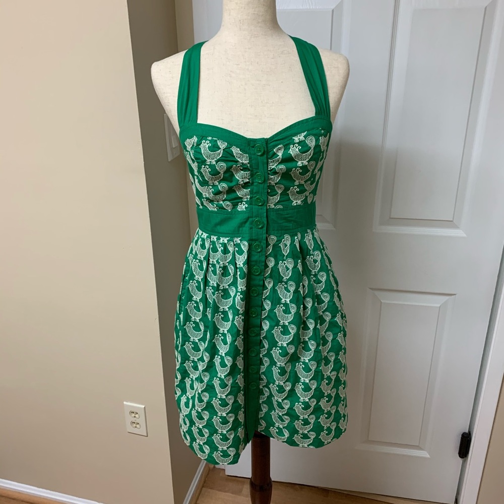 Anthropologie Floreat Green Cockadoodke Halter Mini Summer Dress With Pockets